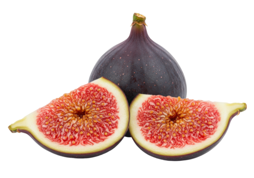Isolated Fig and two halves of a fig with seeds centered on the middle of a white background