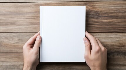 Fototapeta premium Two hands gently hold a blank white book atop a warm oak table. Sunlight casts subtle shadows, enhancing the texture of the wood and paper in a serene setting