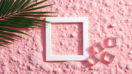 Tropical Summer Aesthetic with Pink Sand Background, White Frame and Palm Leaf | Minimalist Beach Photo for Copy Space and Holiday Sale Promotions