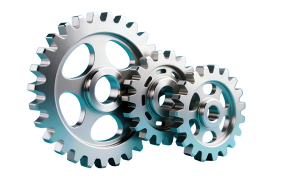 Metallic gears with blue highlights in a mechanical composition
