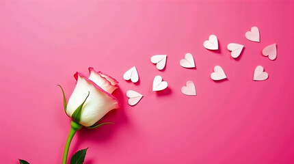 Romantic White and Pink Rose Flower with Paper Hearts Flying on a Vibrant Pink Background | Valentine's Day Love Concept and Mother's Day Greeting Card Design