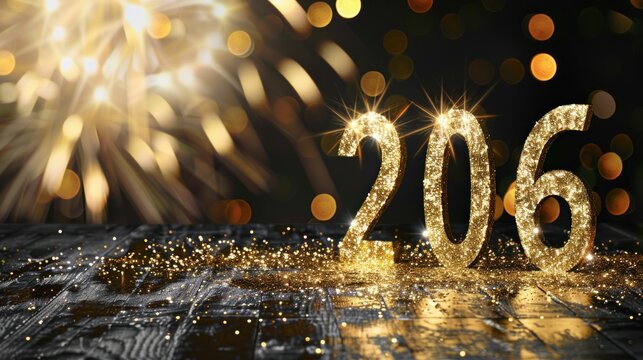 Glittering golden numbers 206 against bokeh fireworks background