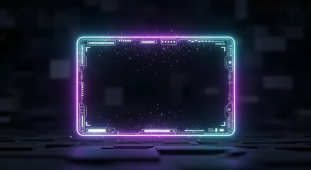 Futuristic digital screen with neon border and digital particles on a dark technological background