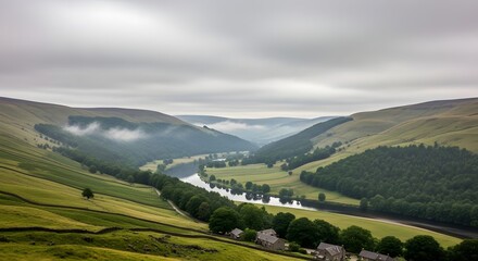 Obraz premium A scenic valley with a river winding through green hills under a cloudy overcast sky landscape view