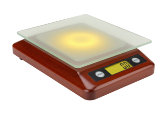 Isolated digital kitchen scale with wooden base and glass top for accurate measurements
