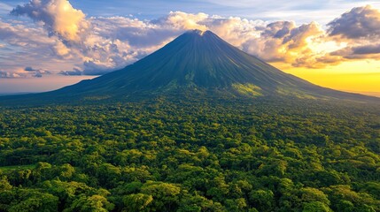 Fototapeta premium Volcano Surrounded by Lush Rainforest at Sunset