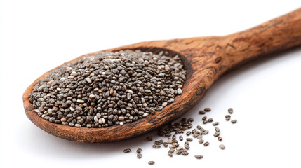 A wooden spoon filled with chia seeds, with some seeds spilled onto a white background surface near it