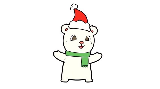 Cartoon white polar bear character wearing red santa hat and green scarf standing with open arms celebrating Christmas holiday isolated vector style

