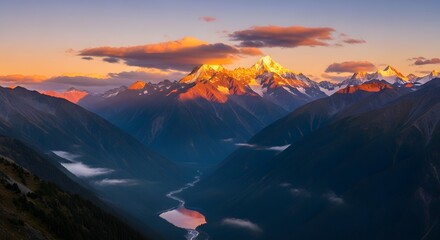 Mountain peaks illuminated by the sunset with a lake visible in the valley below the mountains range