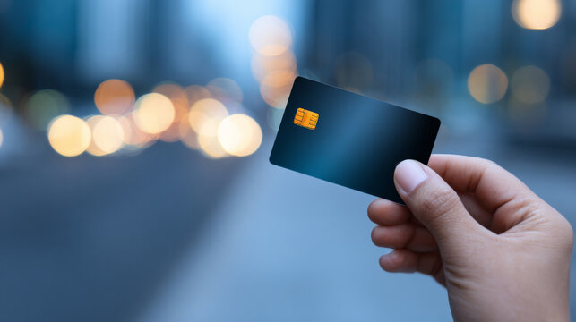 A person's hand holding a credit card with the chip side up in front of out-of-focus street lights at night