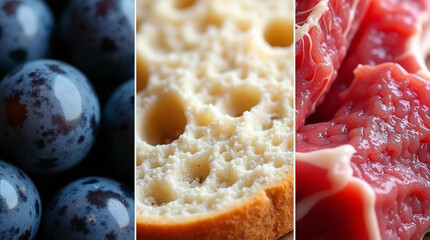 Tricolor Food Collage Featuring Grapes, Bread, and Raw Meat | Foodie Texture Art Representing French Flag Colors for Culinary and Cultural Themes