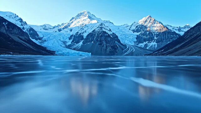 Ice Forming on Maligne Lake With Snowy Mountain Peaks in Jasper