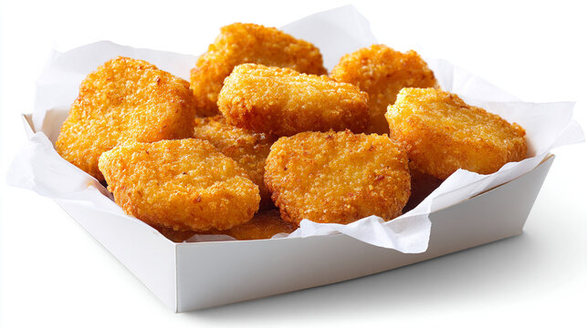 A close up shot of a pile of golden brown crispy chicken nuggets in a white paper container box food