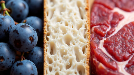 Tricolor Food Collage Featuring Grapes, Bread, and Raw Meat | Foodie Texture Art Representing French Flag Colors for Culinary and Cultural Themes