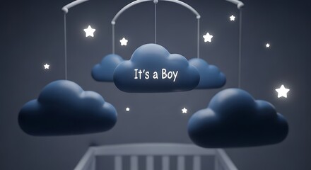 Celebrate a new baby boy with this adorable cloud and star mobile decoration for nursery design projects or precious baby shower invites and announcements