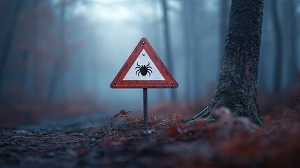 A triangular warning sign featuring a black deer tick hangs from a tree along a misty forest trail, surrounded by autumn leaves and a serene, isolated background