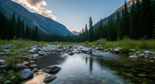 Calm river flowing through a valley with mountains and trees under a cloudy blue sky at daytime