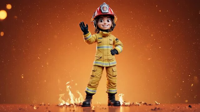 A cartoon firefighter stands with a wave
