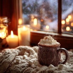 Hot chocolate with whipped cream and marshmallows on the background of a winter landscape with lights