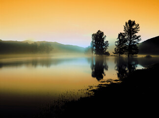 Obraz premium Serene sunrise over a foggy lake with silhouetted trees and soft reflections. Misty atmosphere, golden sky, calm water and peaceful natural scenery ideal for backgrounds or nature themes.