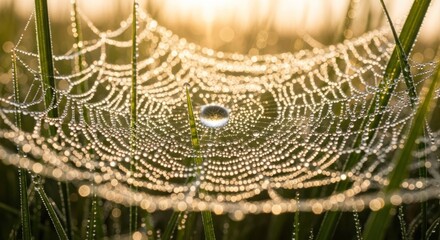 Spiderweb covered with dew drops in a field at morning sunrise