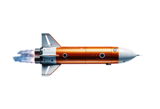 Modern orange and silver rocket launching with flame
