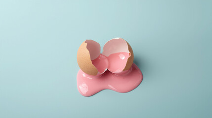Broken Eggshell with Bright Pink Liquid Spilling Out on a Pastel Blue Background | Creative Minimalist Gender Reveal and Surprise Announcement Concept