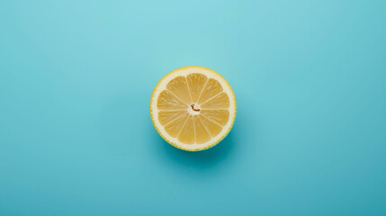 Bright Yellow Lemon Slice and Half on a Vibrant Turquoise Blue Background | Fresh Citrus Fruit for Summer Drinks, Healthy Eating, and Refreshing Themes