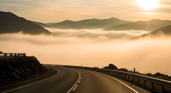 Winding road leading to mountains covered in fog during a bright sunny day in the countryside