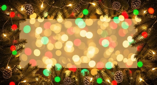 Christmas lights bokeh background with pine branches cones and festive glow - Powered by Adobe
