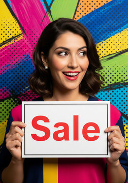 Smiling Woman Holding Sale Sign on Comic Book Background