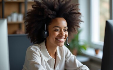 Portrait of a smiling customer service representative with an afro at the computer using headset. High quality
