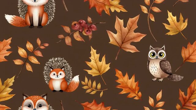 Autumnal forest illustration fox owl hedgehog and leaves on brown