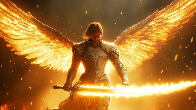 An angel with golden wings holds a burning sword, poised for battle in a fiery environment, symbolizing strength and courage