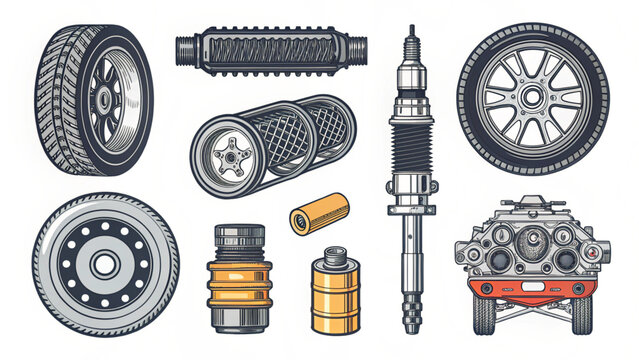 Explore automotive parts with tires, filters, and engine components designed for mechanics, car enthusiasts, and automotive advertising needs for your next project