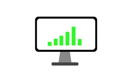 Computer monitor icon animation displaying a green rising bar chart followed by a red declining bar graph on a white background.