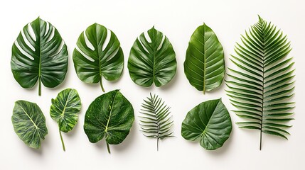 Collection of Tropical Green Leaves on White Background
