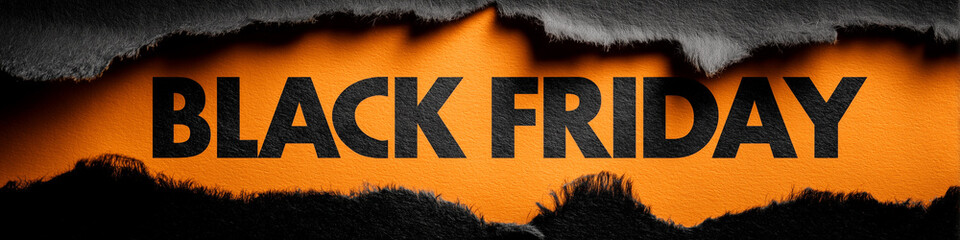 Extreme close-up of torn black paper revealing bold “Black Friday” letters on vibrant orange background with copy space. Perfect for promotional visuals, sale ads, retail promotions. Generative AI.