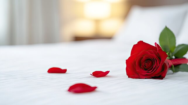 A beautifully arranged bouquet of red roses rests on hotel bed sheets adorned with scattered rose petals, creating a romantic ambiance for Valentine's Day