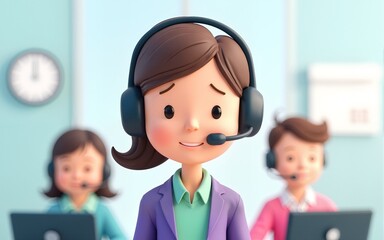 Office operator with headset talking with clients. Customer service, call center, hotline, customer support department staff concept. 3d vector people character illustration. Cartoon minimal style.