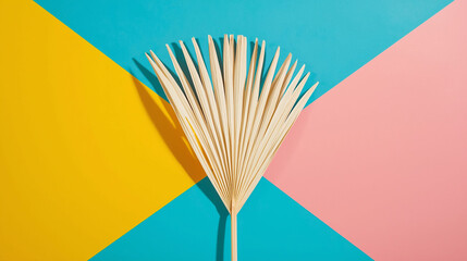 White Palm Fan Leaf on a Bright Geometric Pink, Blue, and Yellow Background | Vibrant Summer Tropical Aesthetic for Modern Design and Marketing