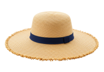 Isolated tan straw sun hat with dark blue ribbon, casual summer headwear, beach accessory