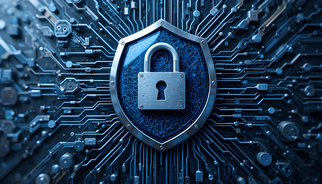 A digital shield with a padlock on a circuit board symbolizes cybersecurity, data protection, and network security in the digital age, ensuring privacy and confidentiality