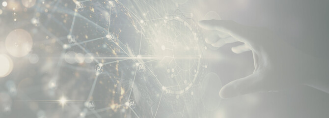 Hand interacting with futuristic AI network interface