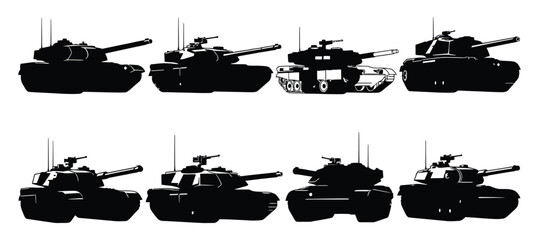 Fototapeta premium Silhouette of various tanks in different poses, showcasing military vehicles used in combat and defense isolated on white background