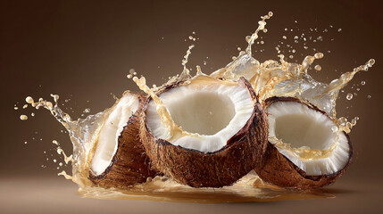 Three coconut halves with liquid splashing around them on a brown background in a studio shot