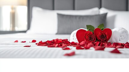 A romantic hotel room features a bed scattered with rose petals and two red roses beside heart-shaped towel swans, creating a cozy atmosphere for a Valentine's celebration