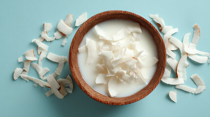 A top view of coconut flakes in a wooden bowl on a light blue background with scattered coconut flakes