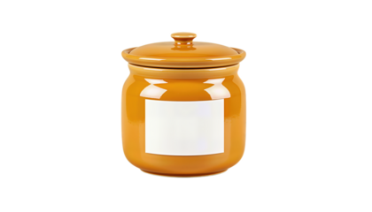 Orange ceramic jar with lid and blank label