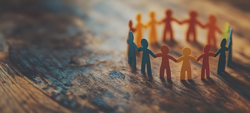 Colorful paper-cut people holding hands in a circle on a wooden surface — banner concept for teamwork, diversity, friendship, and community with space for text.